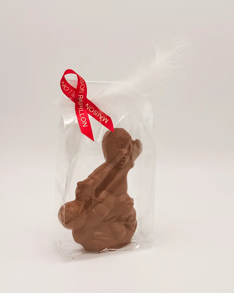 Chocolade Piet met zak, ingepakt met rood lint en een witte veer